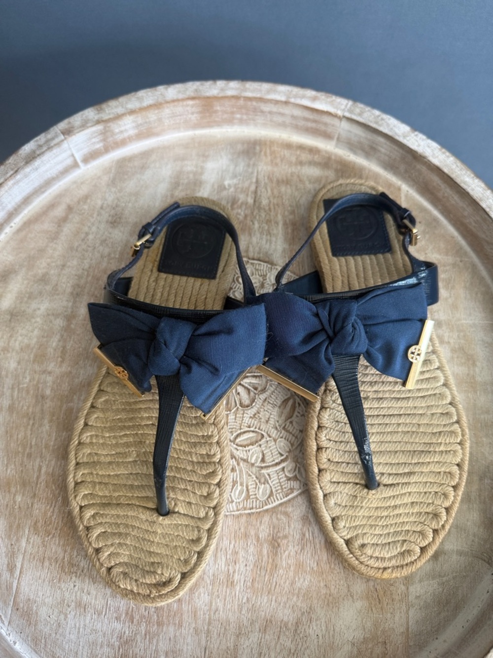 Tory Burch Navy Bow Thong Sandals with Gold Accents